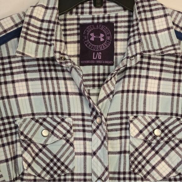 Under Armour Y2K Blue/Purple Plaid Pearl Snap Button Down Flannel Top Size L - Picture 3 of 14